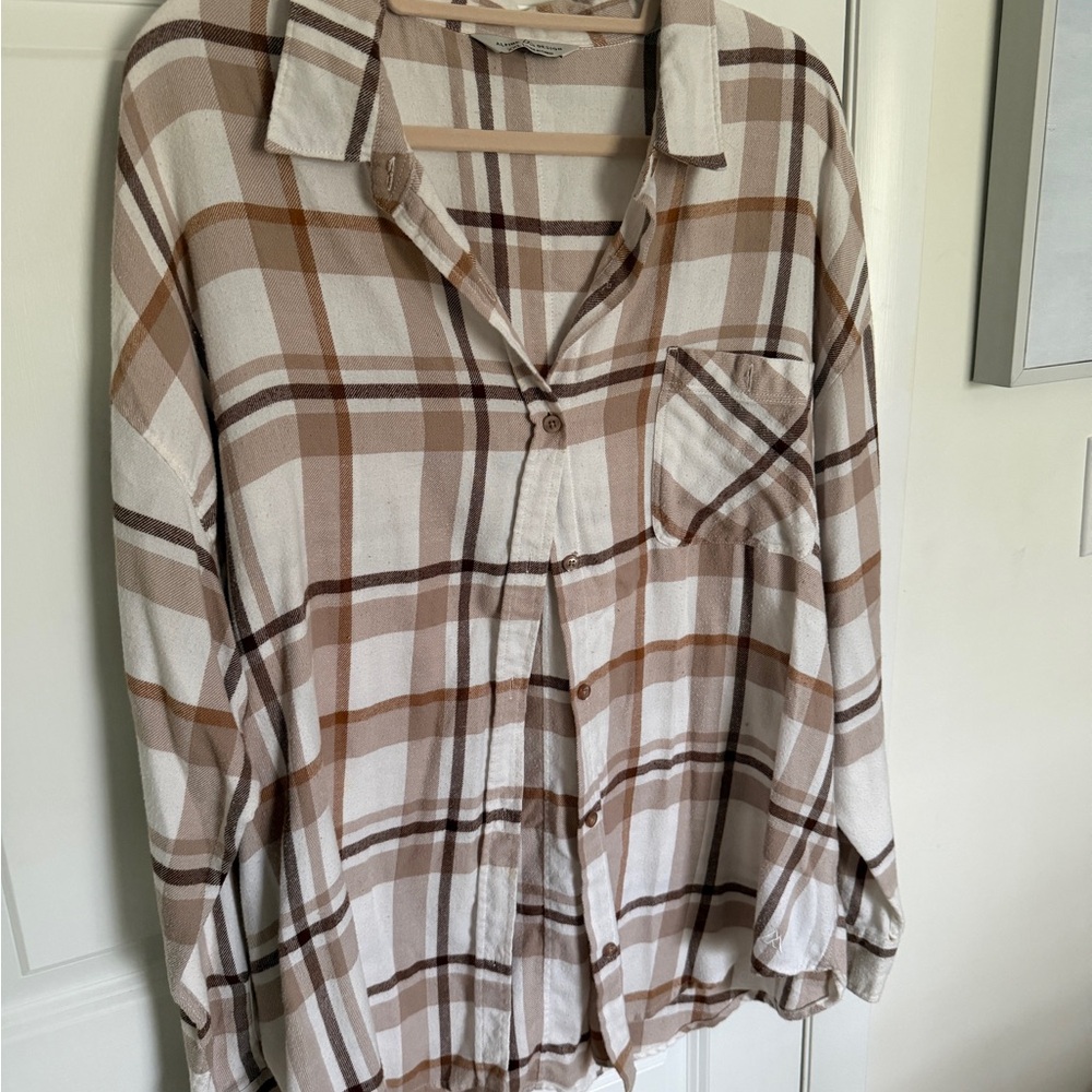 Alpine Design Cream Plaid Shirt with Tan and Brown Stripes